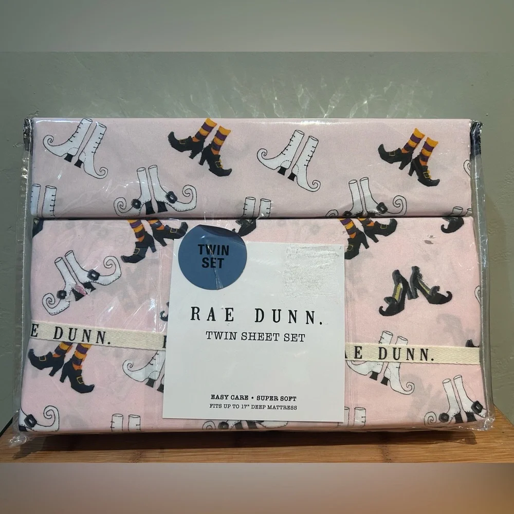 Rae Dunn Pink WITCH SHOES Halloween Twin Bed 3 Piece Sheet Set